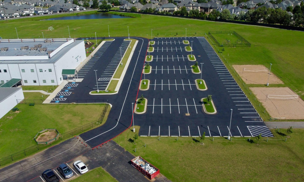 Evergreen Baptist Church parking lot after sealing and striping